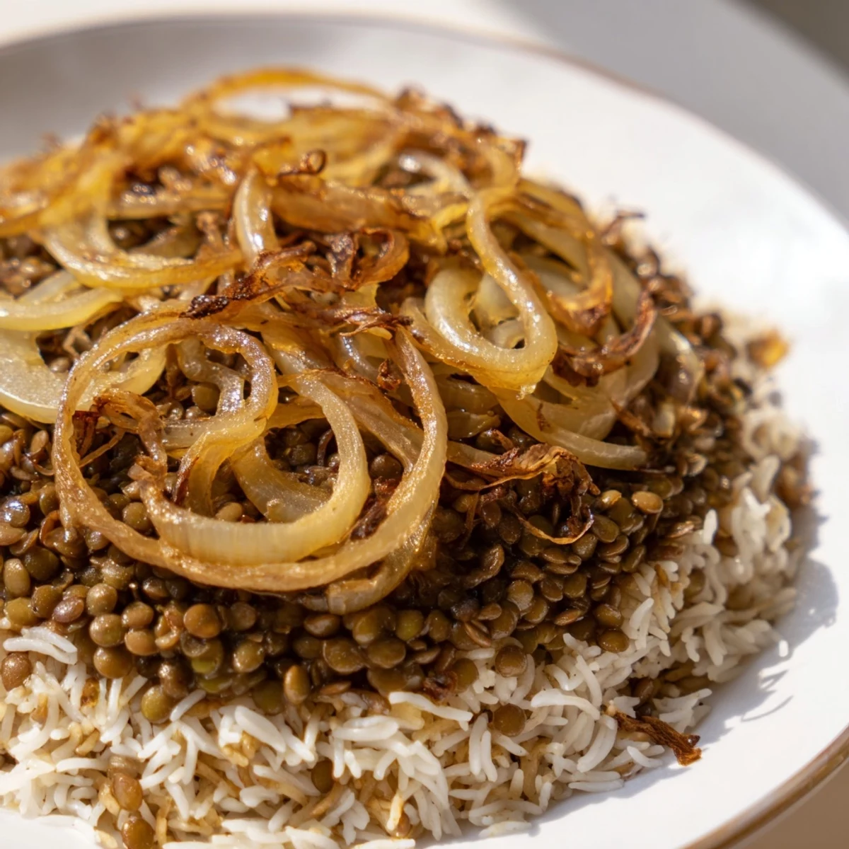 Golden caramelized onions atop hearty Lebanese Mjadra, a flavorful lentil and rice dish.