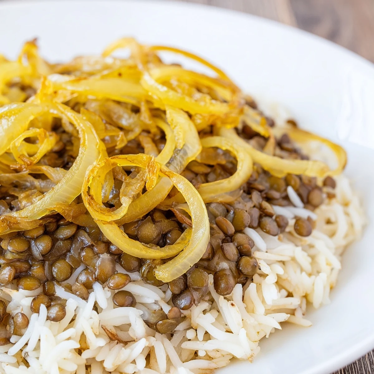 Close-up of a steaming bowl of Lebanese Mjadra, showcasing the tender lentils and rice.