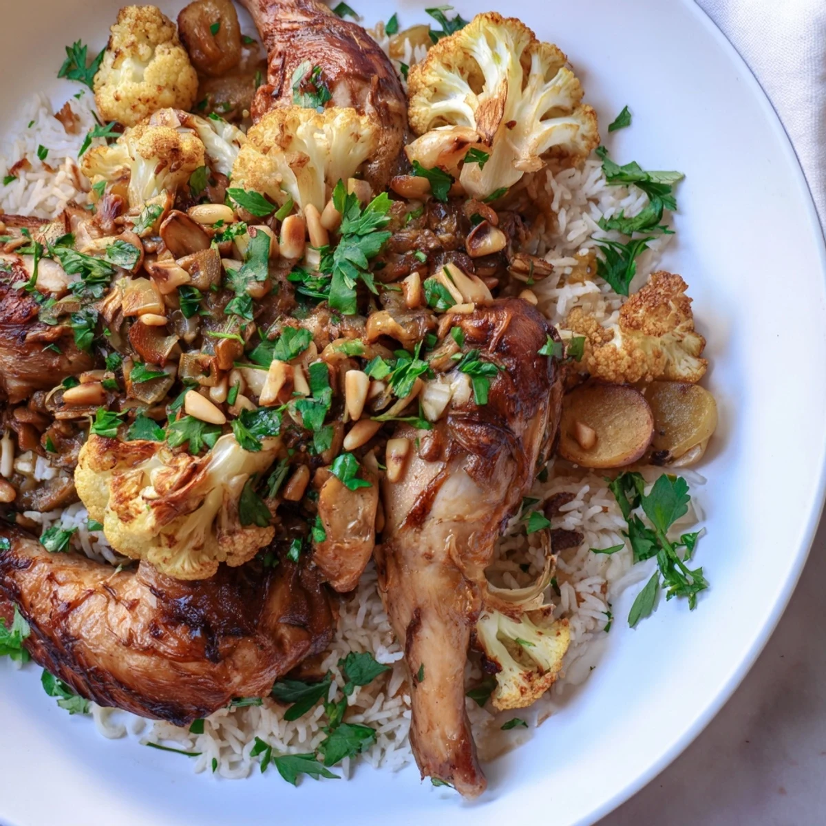 A steaming plate of Maklouba, a Middle Eastern dish with fluffy spiced rice and tender chicken.
