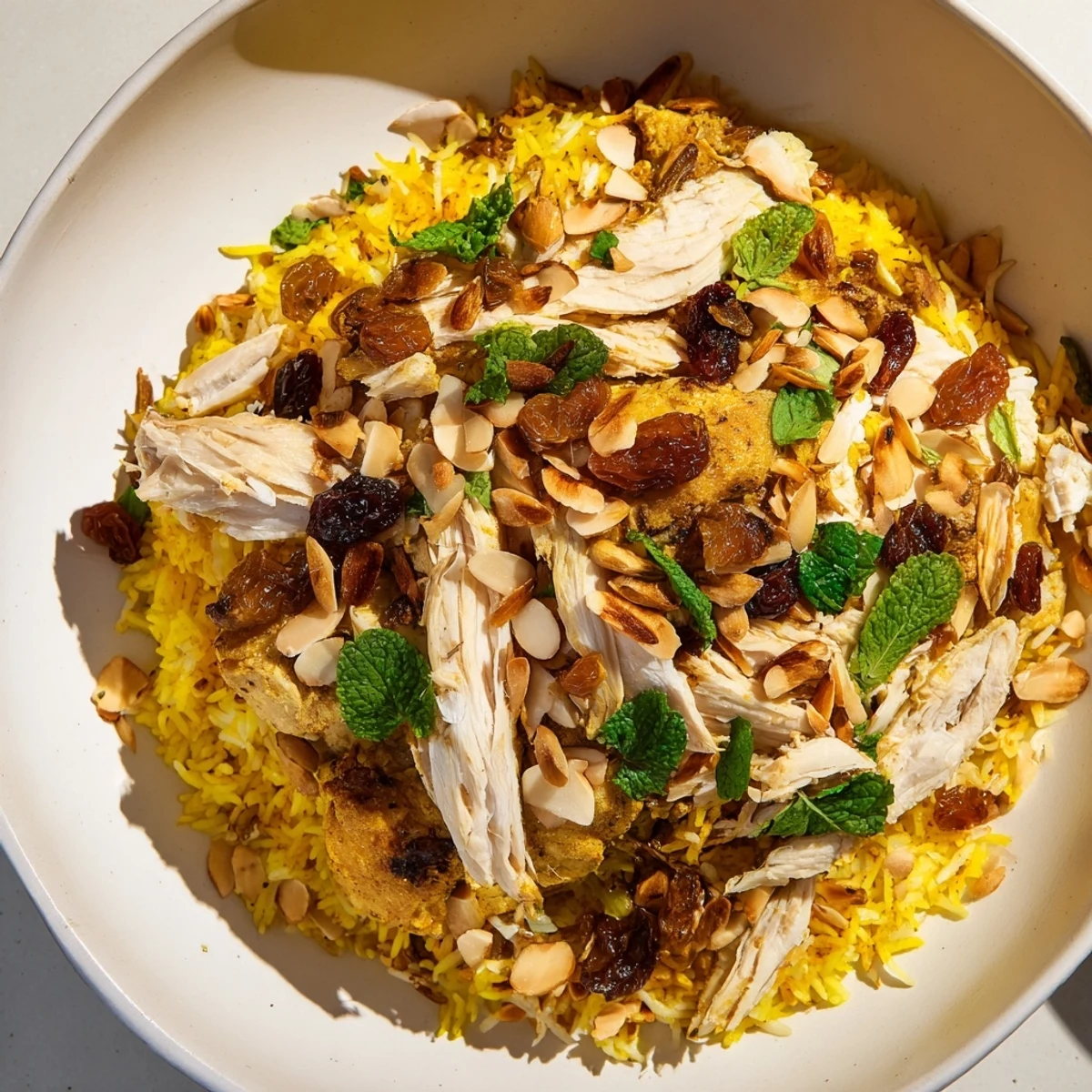 Close-up of Kuwaiti biryani rice: a festive dish with layers of rice, meat, and spices.
