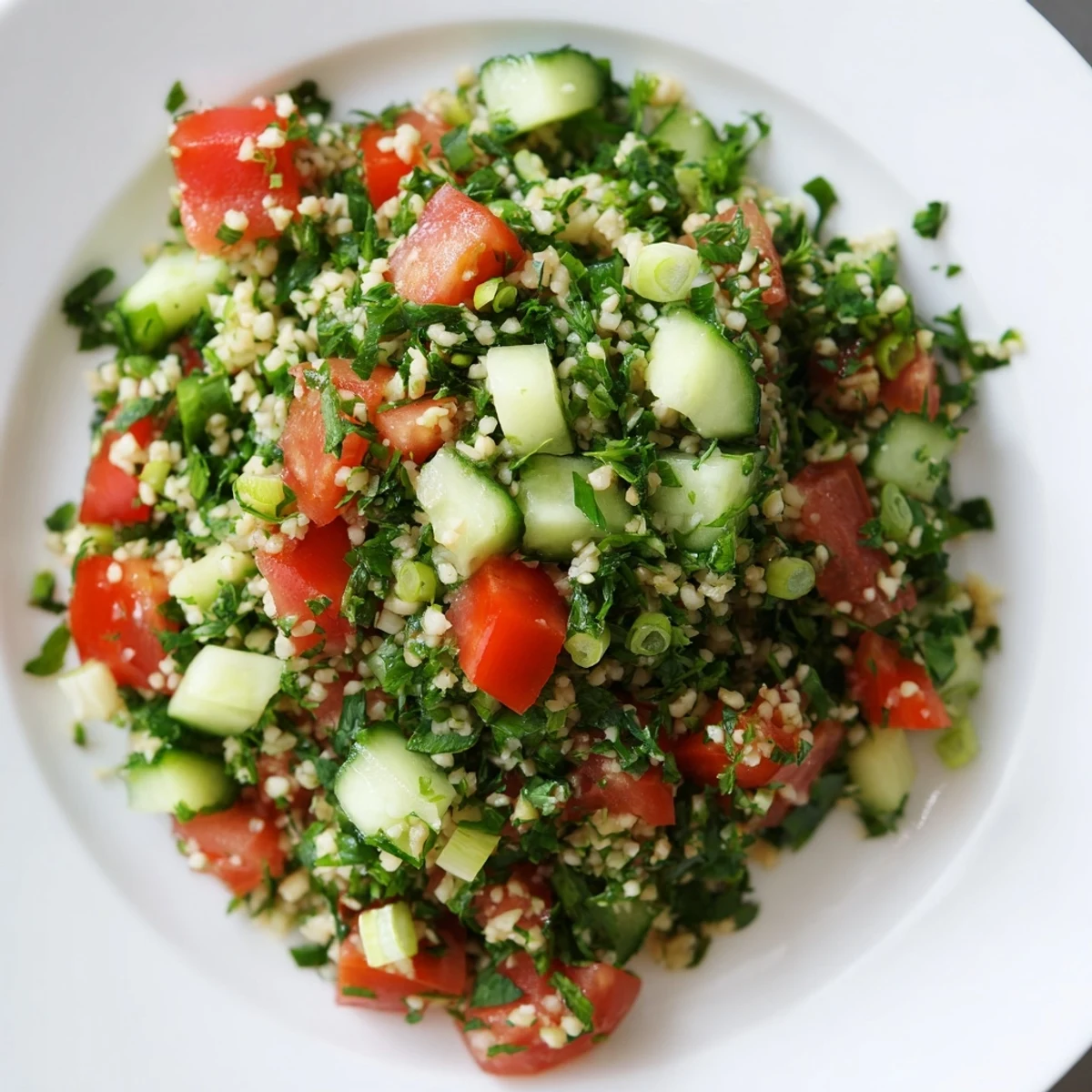 A colorful bowl of fresh Lebanese Tabbouleh Salad, showcasing vibrant vegetables and herbs for a tasty meal.
