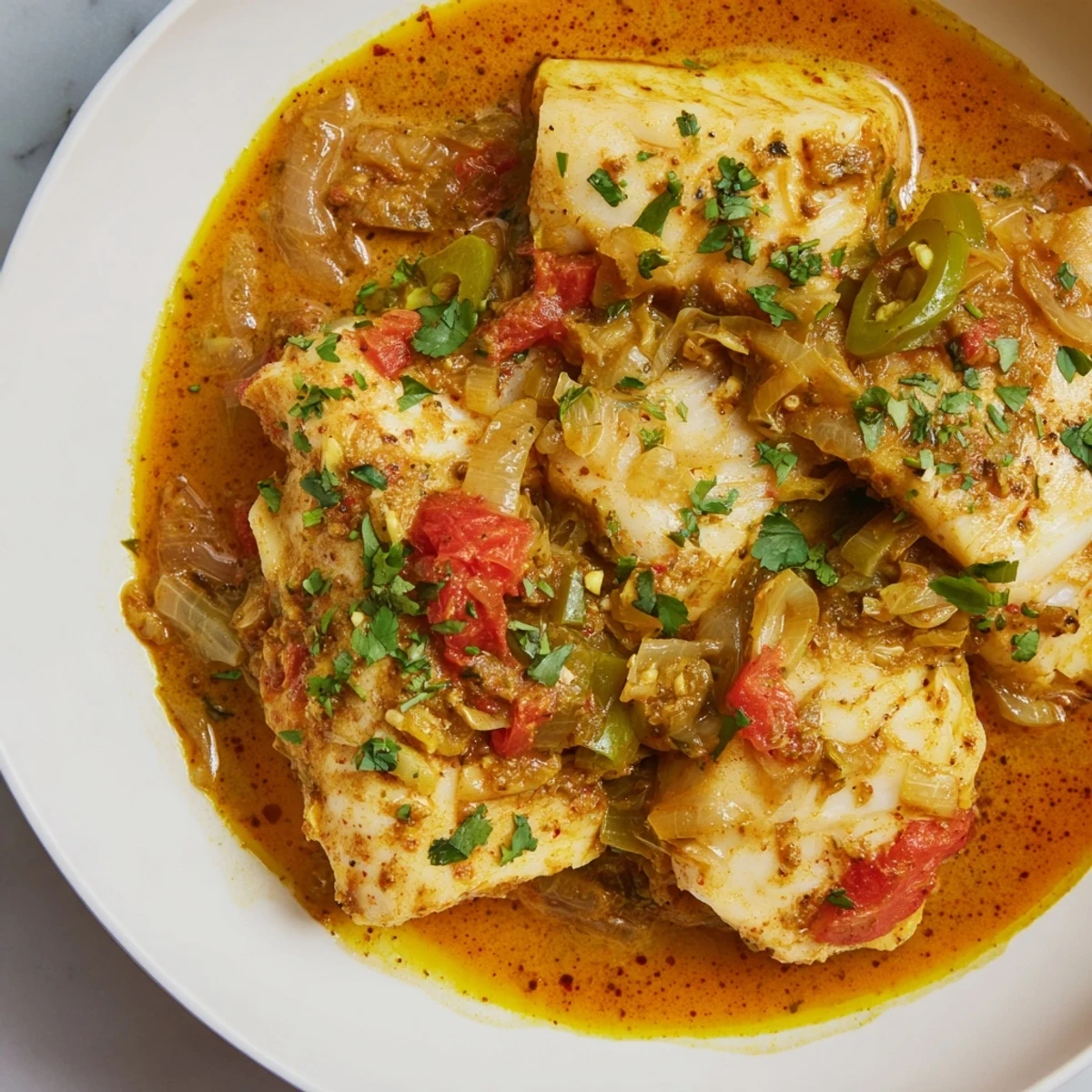 Bahraini Fish Curry, a creamy, spiced coconut curry with tender fish chunks, served with fresh cilantro.