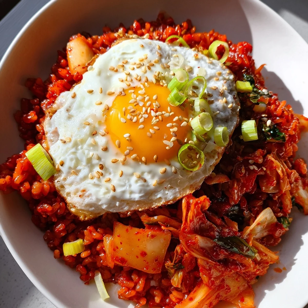 A close-up of delicious, flavorful kimchi fried rice, prepared with fresh ingredients.