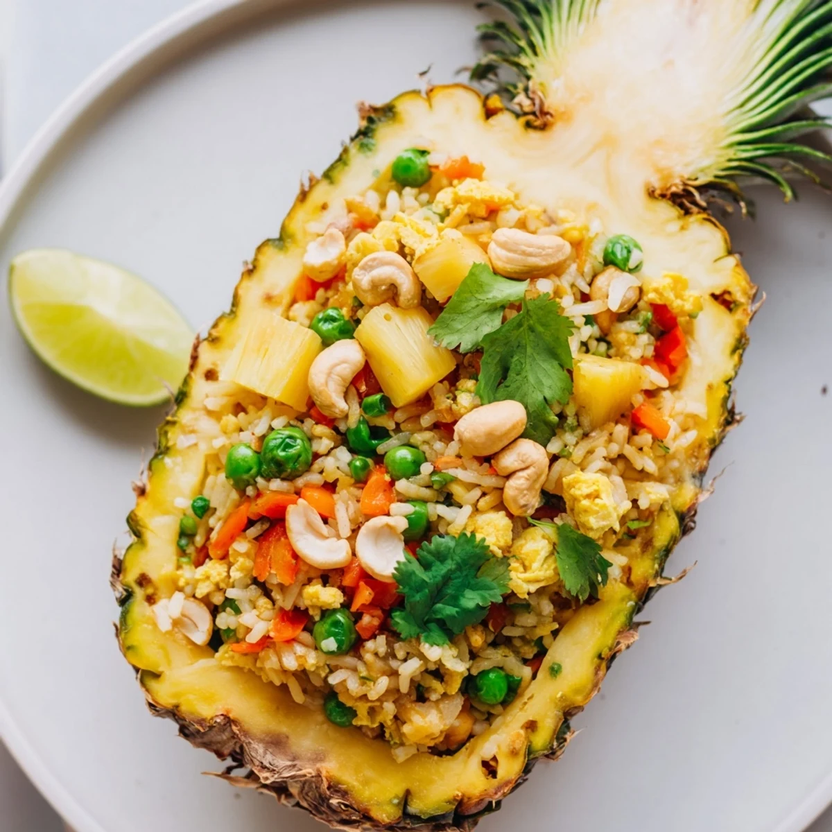 Pineapple Fried Rice served inside a hollowed-out pineapple, garnished with fresh cilantro and lime wedges.