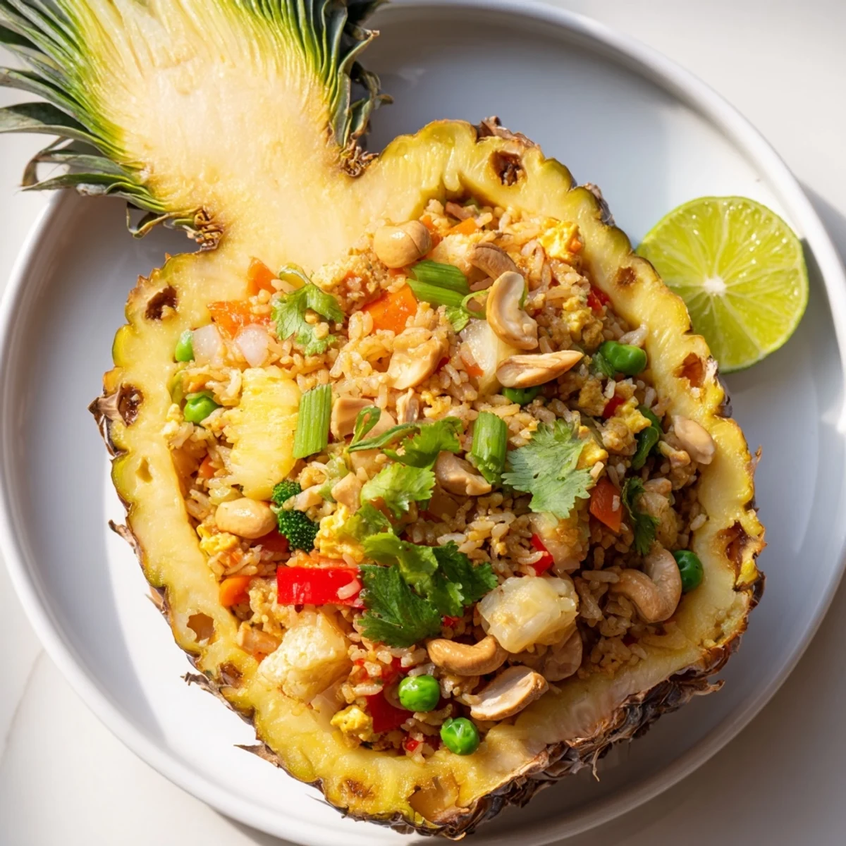 A stunning image of flavorful Pineapple Fried Rice, showcasing vibrant Thai-inspired ingredients, including sweet pineapple.