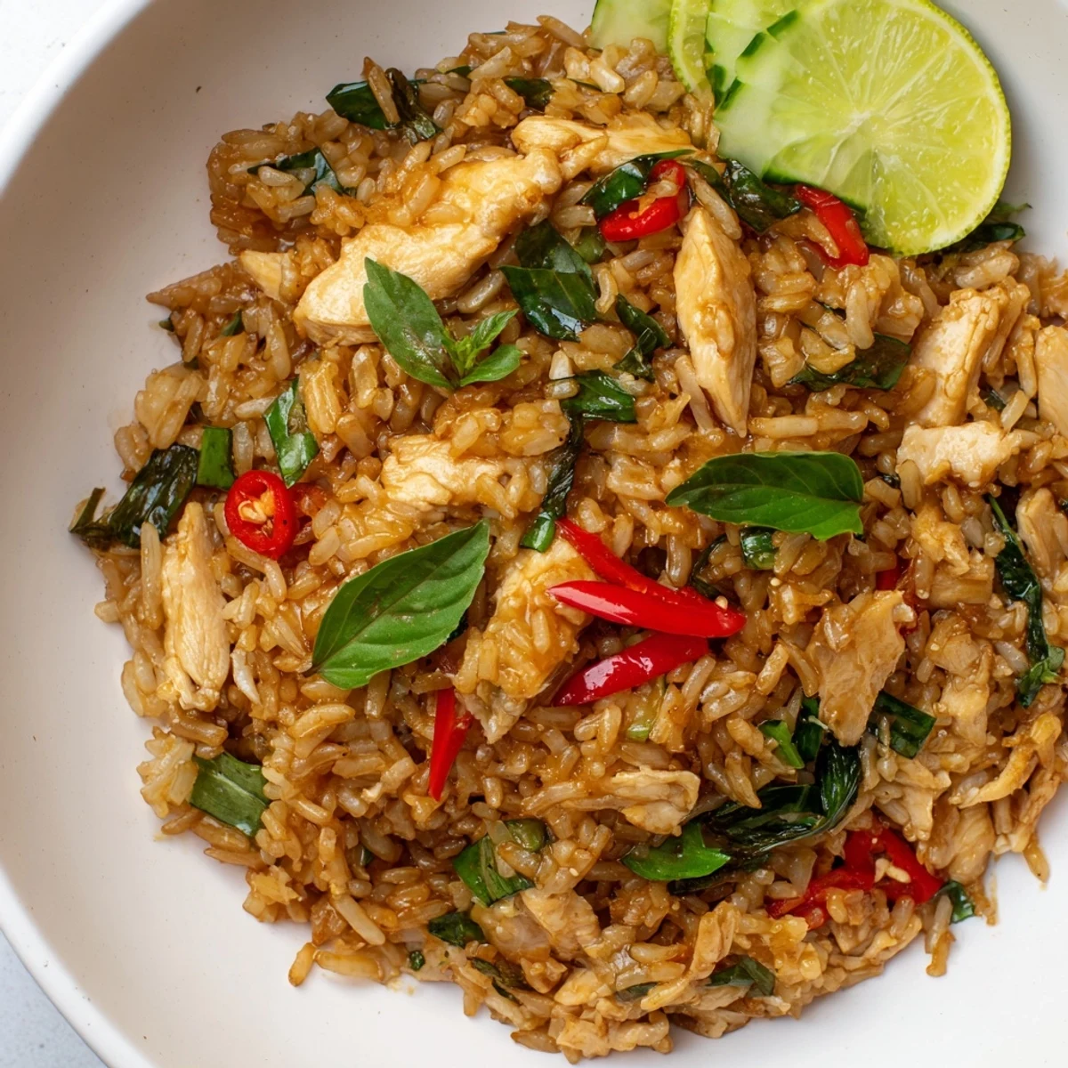 Steaming bowl of Thai Basil Chicken Fried Rice with visible chunks of chicken and vibrant basil.
