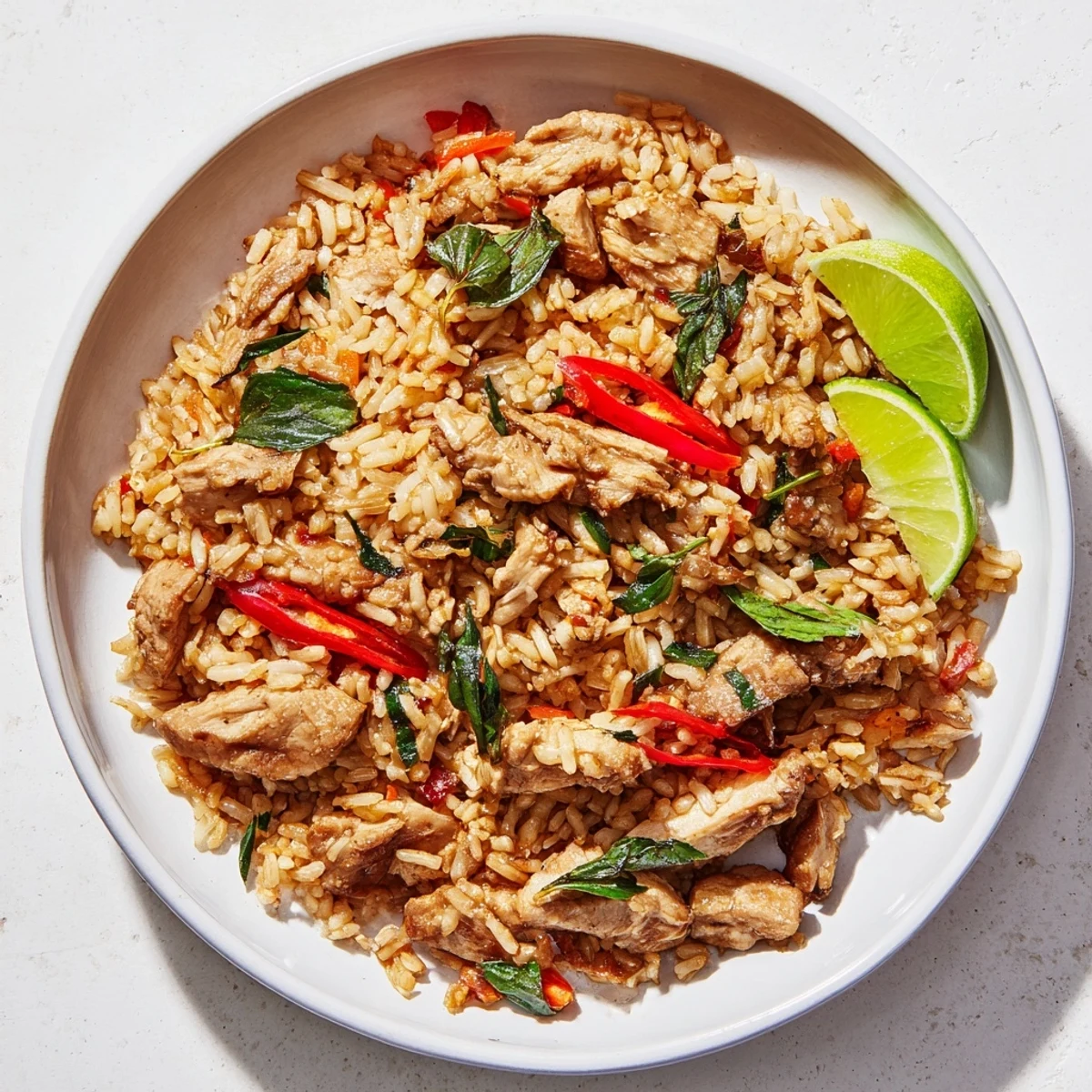This flavorful Thai Basil Chicken Fried Rice dish features tender chicken and aromatic basil in a savory sauce.