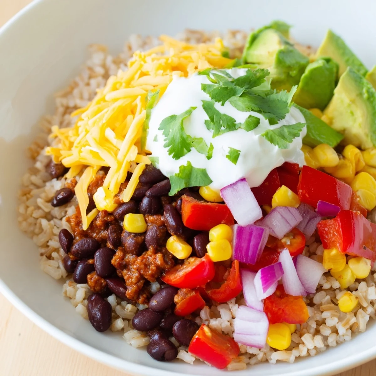 Hearty brown rice burrito bowls with a colorful arrangement of toppings, ready for a delicious lunch.