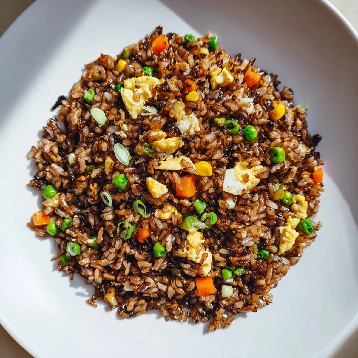 Steaming bowl of Black Garlic Fried Rice with vegetables, ready for a delicious Asian-inspired dinner.