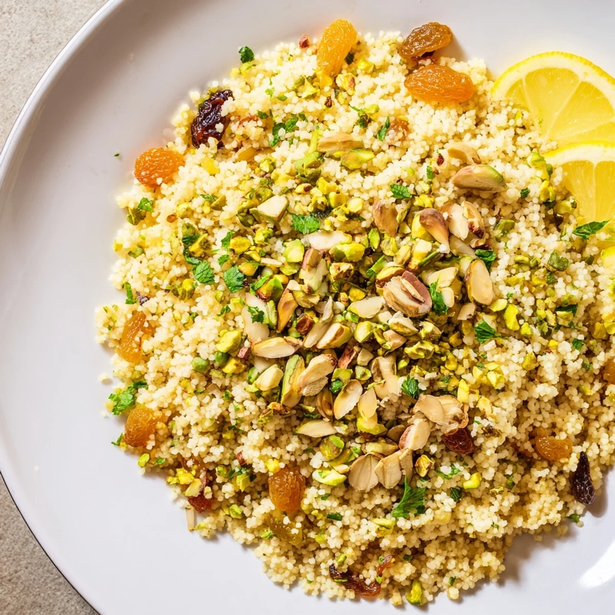 Steaming bowl of Couscous Pilaf Spiced, with colorful dried fruits and toasted nuts, ready to serve.