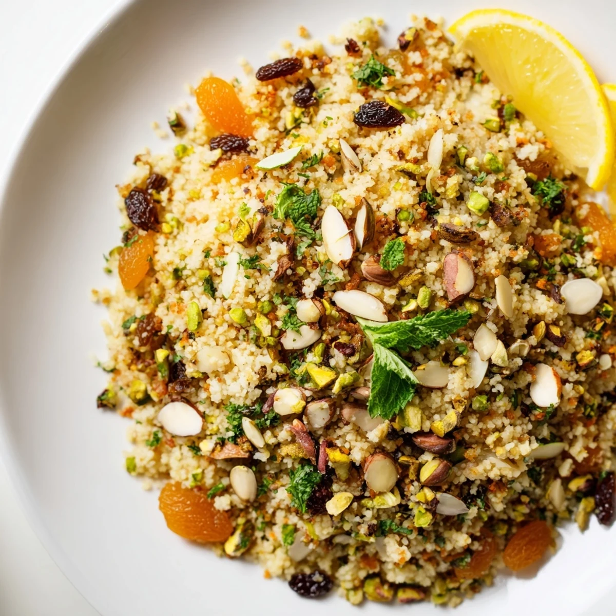 A close-up of golden Couscous Pilaf Spiced, with herbs and a sprinkle of nuts, invitingly fluffy.
