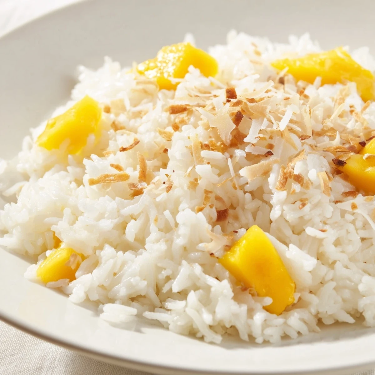 Fluffy coconut rice sweet, garnished with toasted coconut, ready for a delicious dessert.