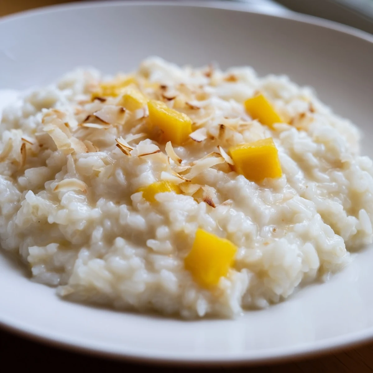 A bowl of fresh coconut rice sweet with a hint of vanilla, perfect for a gluten-free dessert.