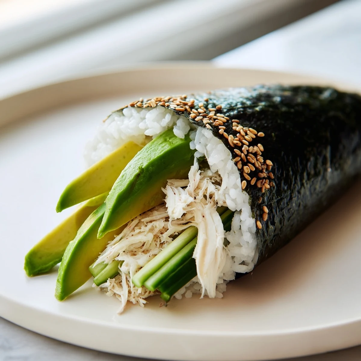 Homemade Sushi Rice Hand Rolls, perfectly cone-shaped, showing off the ingredients inside for an easy snack.