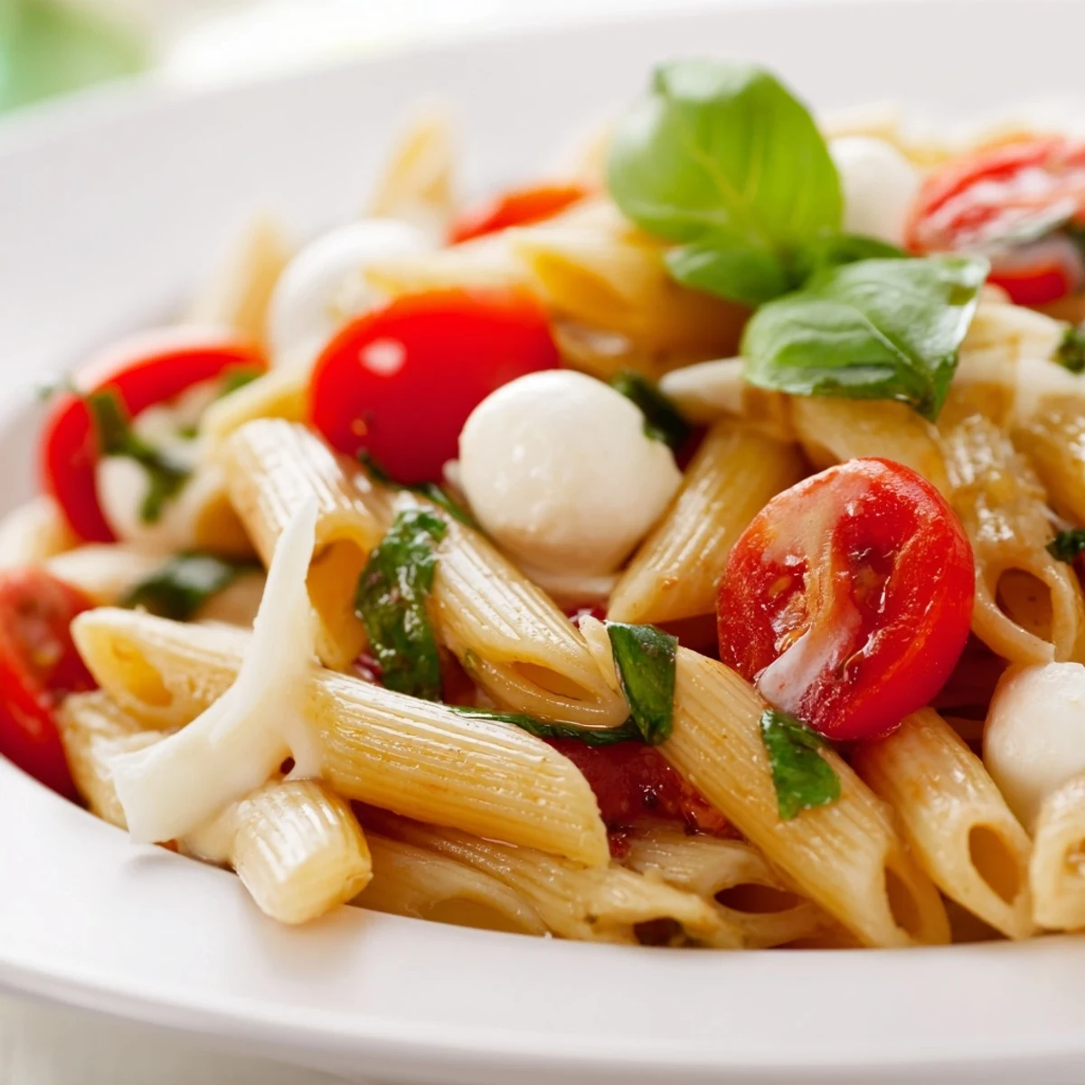The Caprese Salad Pasta features perfectly al dente pasta with juicy tomatoes, fresh basil, and mozzarella pearls.