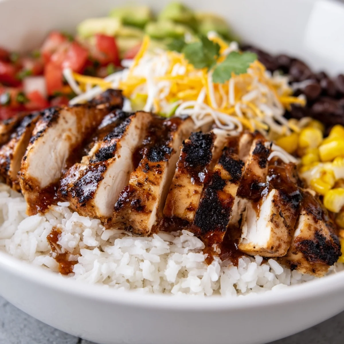 Spicy Chicken Burrito Bowl with grilled chicken, rice, black beans, and corn topped with zesty salsa and avocado.  