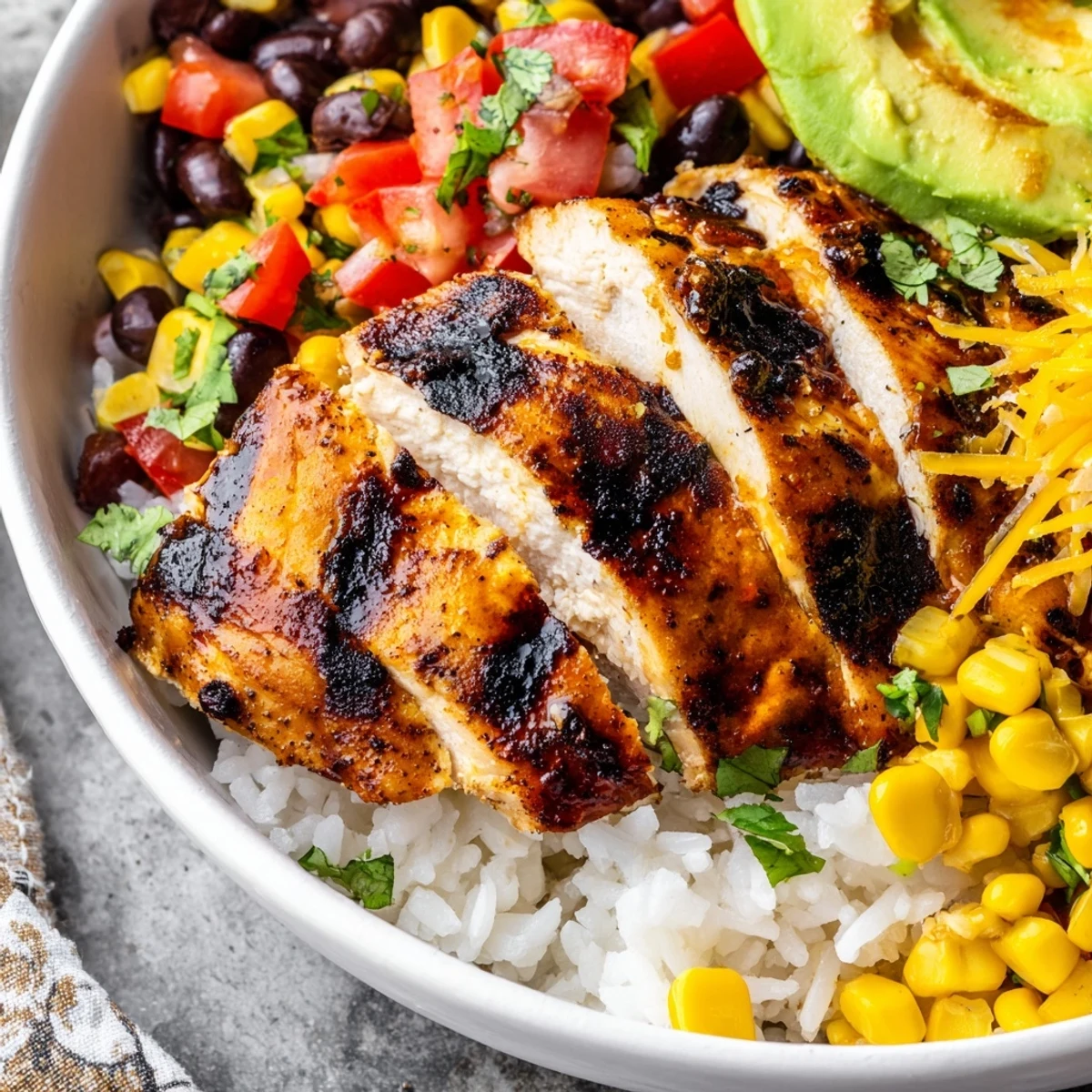 A vibrant Spicy Chicken Burrito Bowl featuring charred chicken, fluffy rice, beans, and fresh cilantro garnish.  