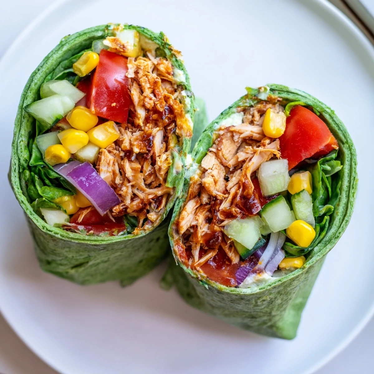 Close-up of a halved BBQ Chicken Salad Wrap, revealing the smoky chicken, crisp vegetables, and creamy dressing inside.