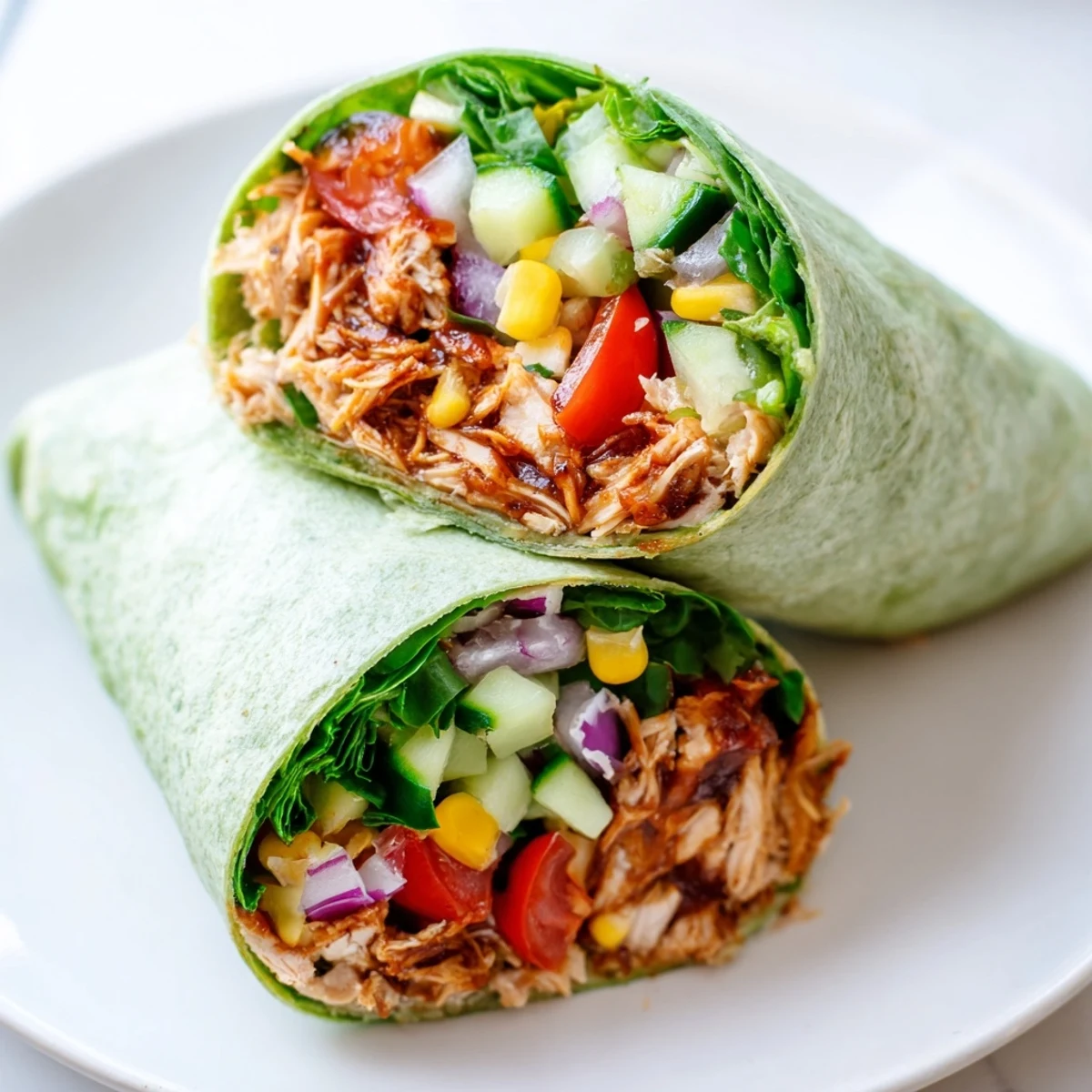 Freshly prepared BBQ Chicken Salad Wraps on a plate, showcasing the vibrant spinach tortilla and colorful fillings.