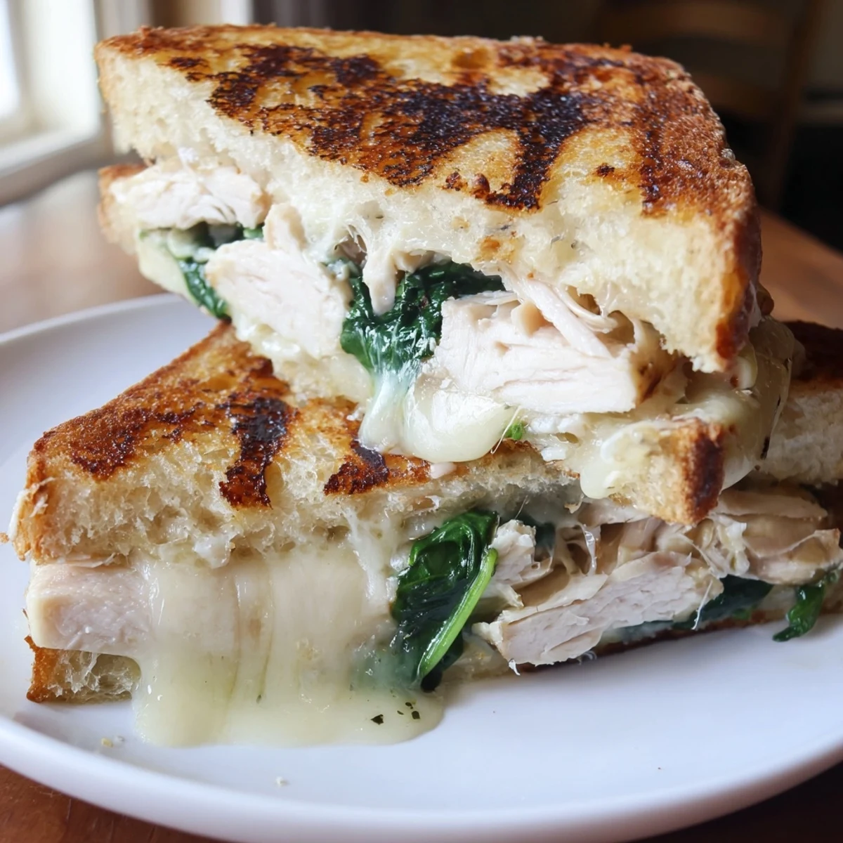 Golden-brown Grilled Chicken Spinach Panini oozing with melted mozzarella, layered with fresh spinach on crusty sourdough.