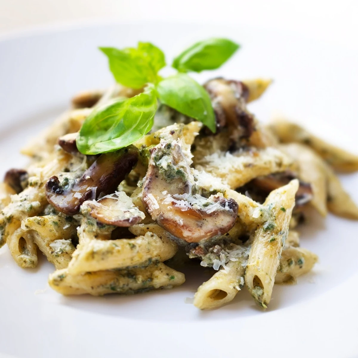 A close-up of rich Mushroom Pesto Pasta with sautéed mushrooms, creamy sauce, and fresh basil garnish.