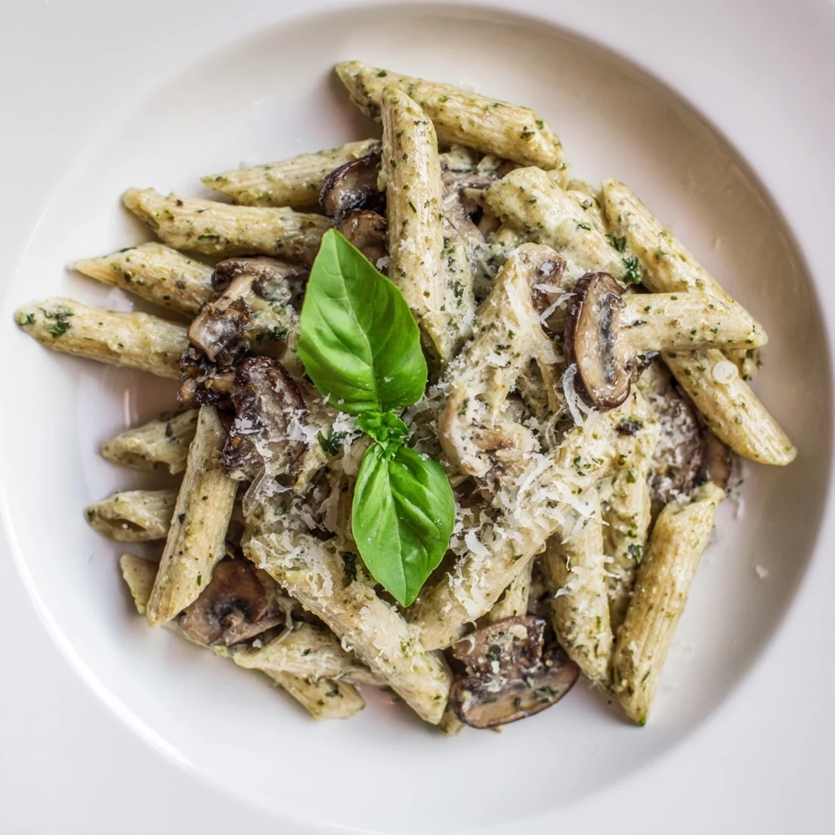 Sautéed cremini mushrooms tossed in vibrant green basil pesto sauce over penne pasta, ready to be enjoyed.  