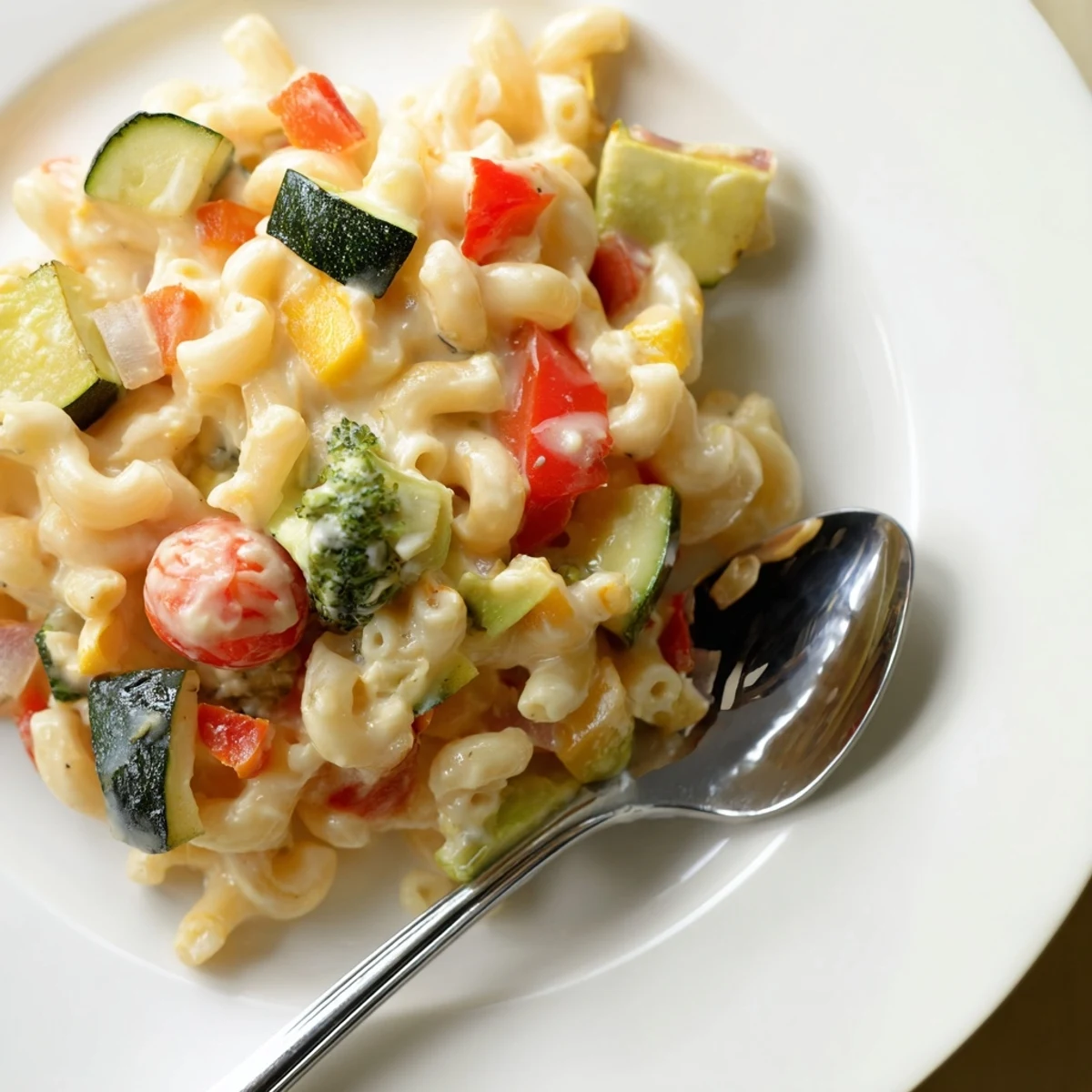 Steam rises from the freshly baked Roasted Veggie Mac & Cheese, showing golden cheese bubbling over tender elbow macaroni and sweet caramelized vegetables.  