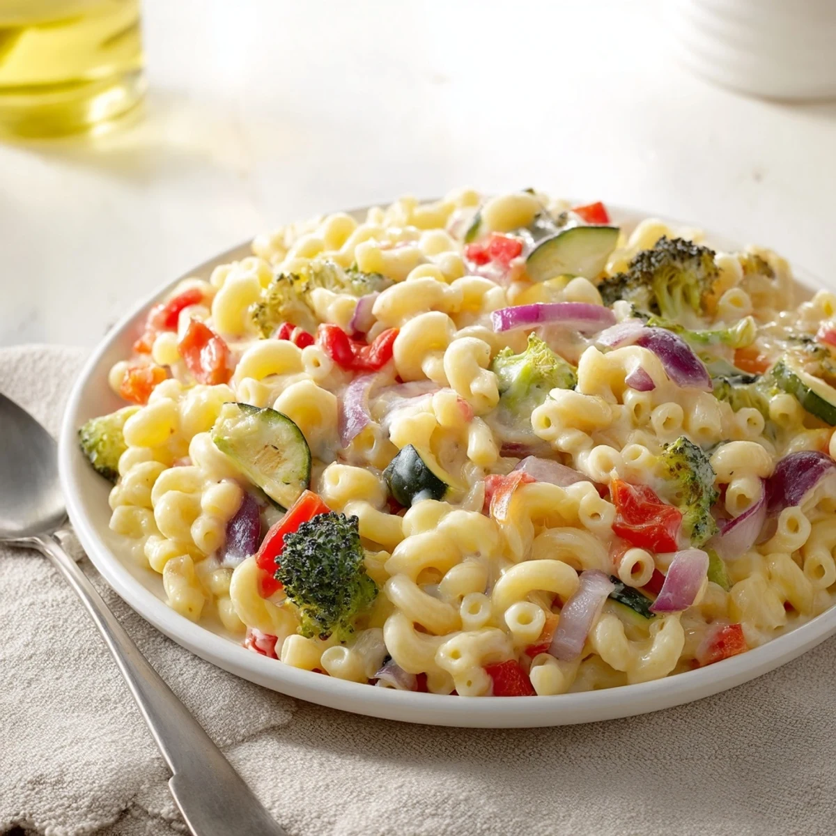 Serving suggestion of Roasted Veggie Mac & Cheese in a rustic ceramic bowl, topped with fresh parsley and a side salad.