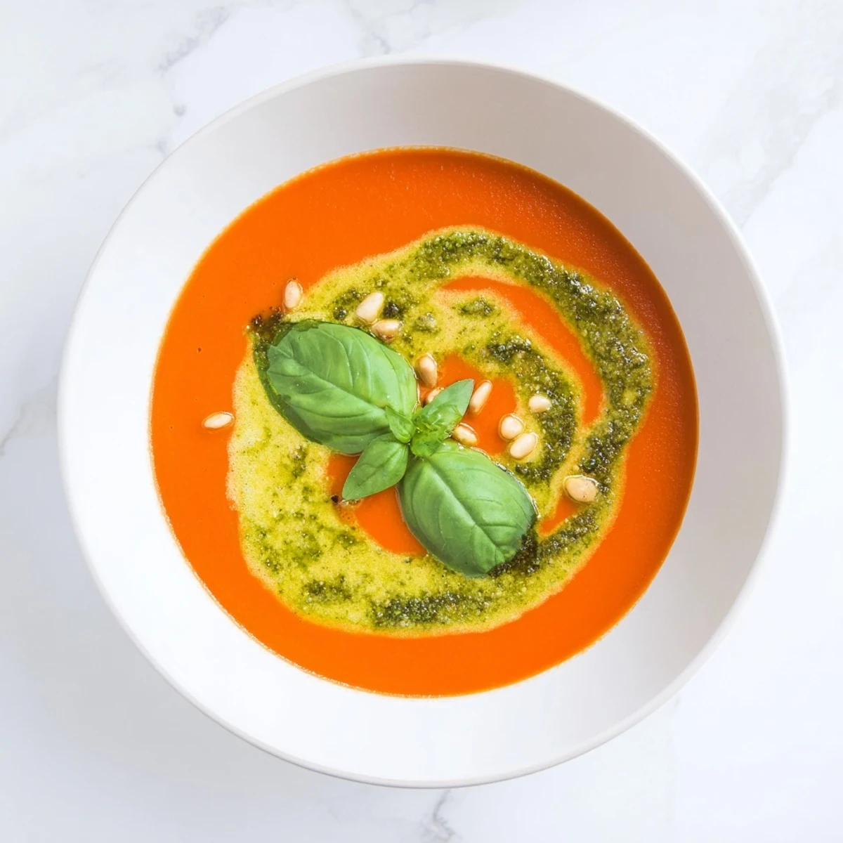 Creamy tomato soup with basil pesto swirl served warm in a rustic bowl, garnished with fresh basil leaves and a drizzle of vibrant green pesto.