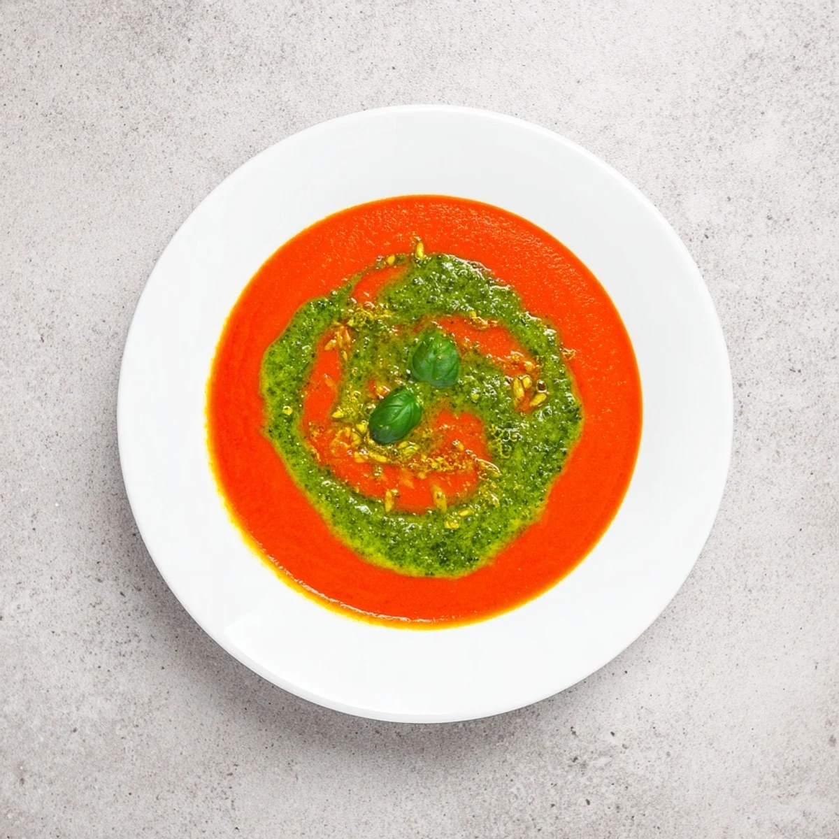 Velvety tomato soup with pesto swirl, paired with crusty bread, perfect for a cozy, comforting vegetarian meal.