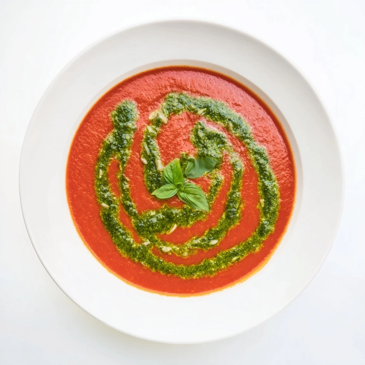 Bright red tomato soup with a vivid swirl of basil pesto, topped with pine nuts and Parmesan for an Italian-inspired finish.