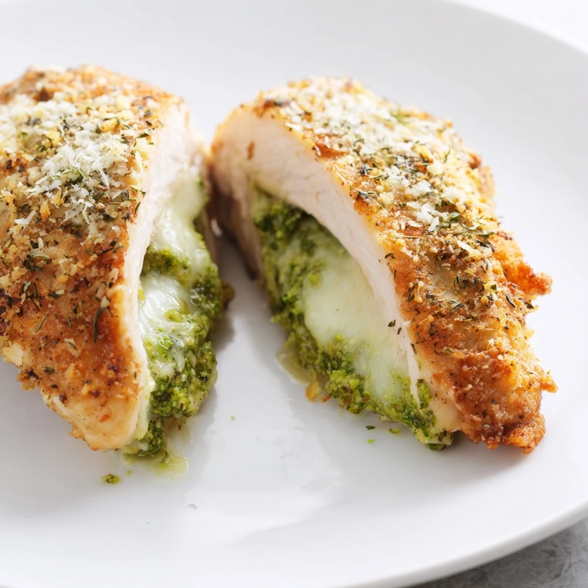 Freshly baked Mozzarella & Pesto Stuffed Chicken with golden Parmesan crust, ready to serve on a rustic dinner plate with a side salad.