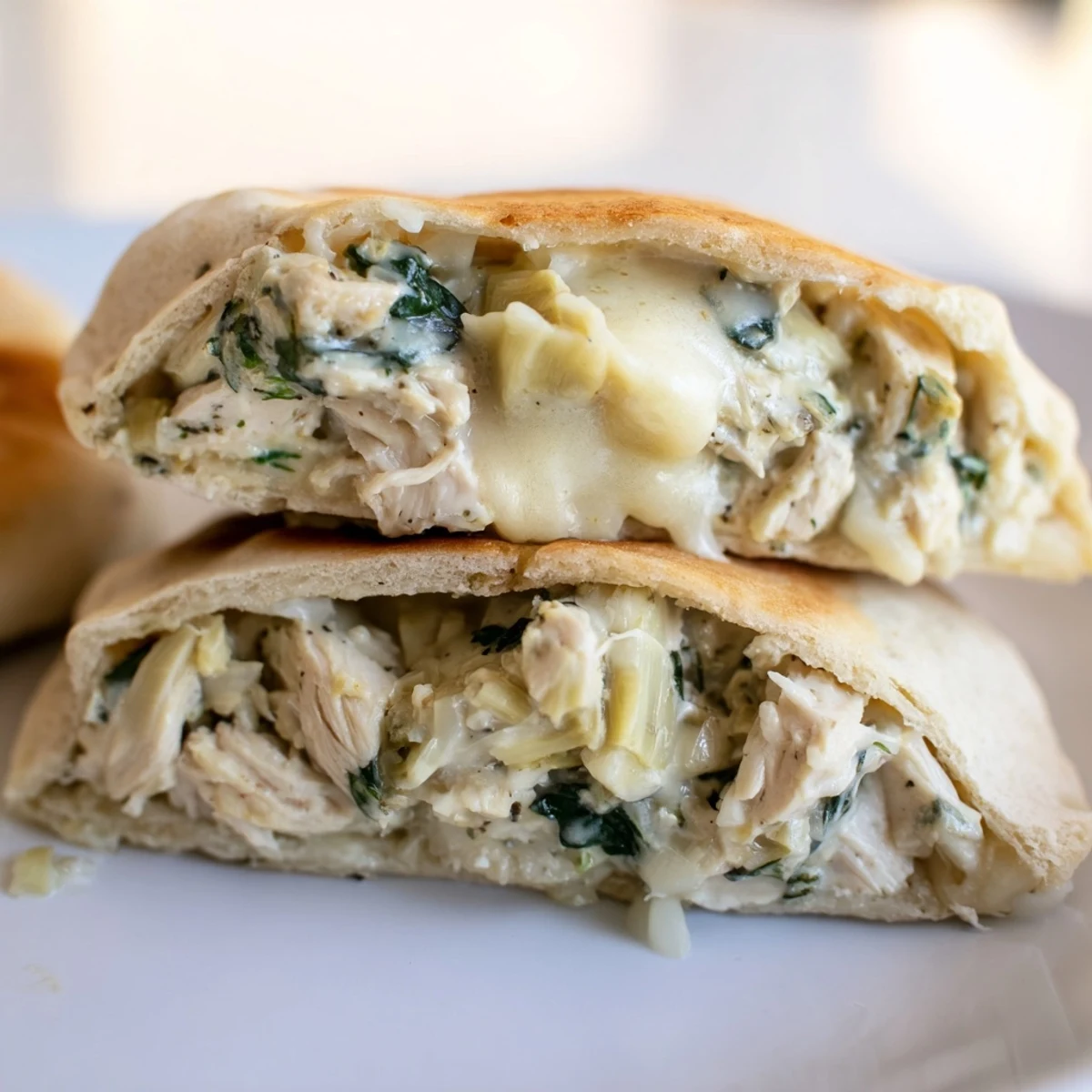 A close-up of baked Spinach Artichoke Chicken Stuffed Pita with parsley garnish and lemon.