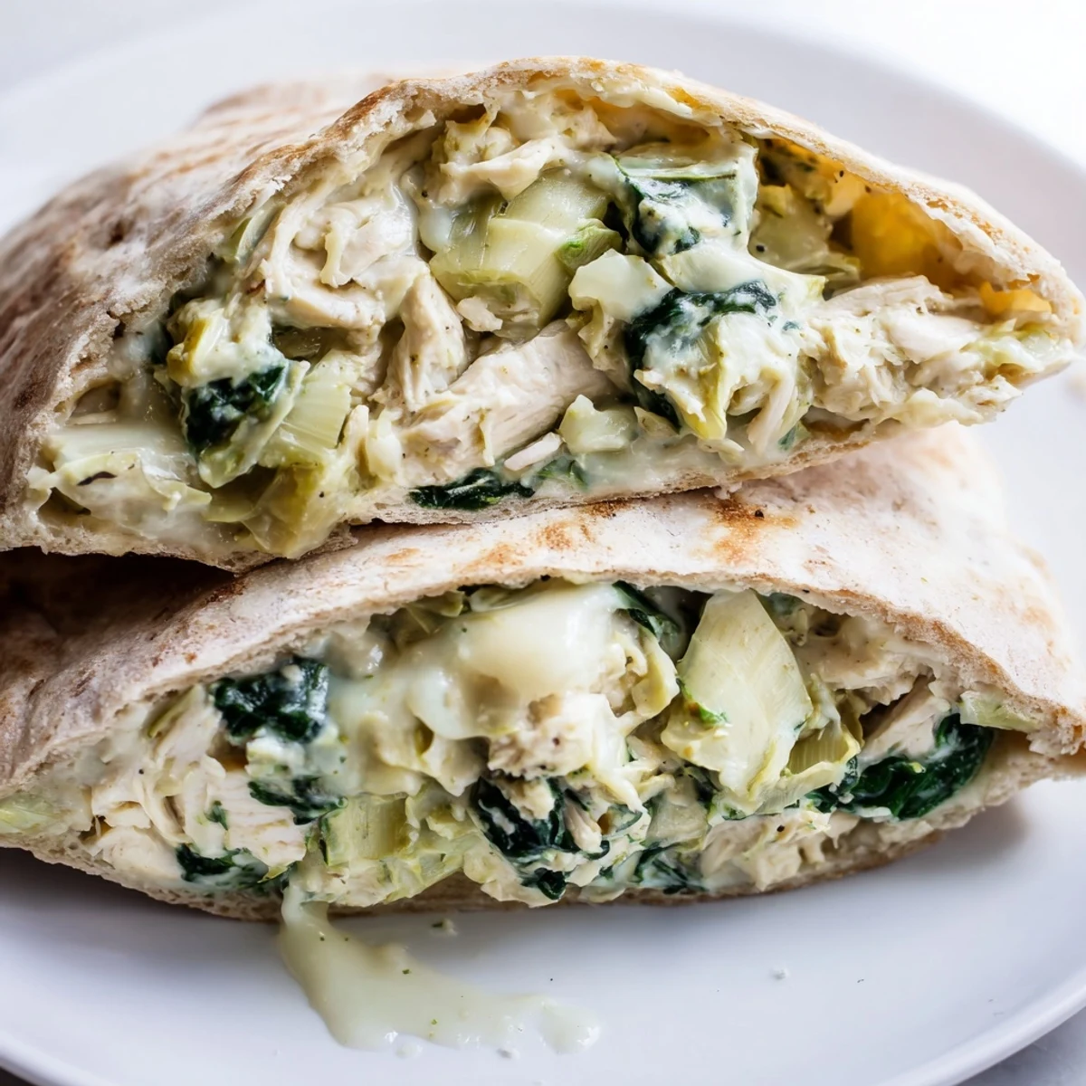 Warm, cheesy Mediterranean-American pita stuffed with tender chicken, spinach, and artichokes for lunch.