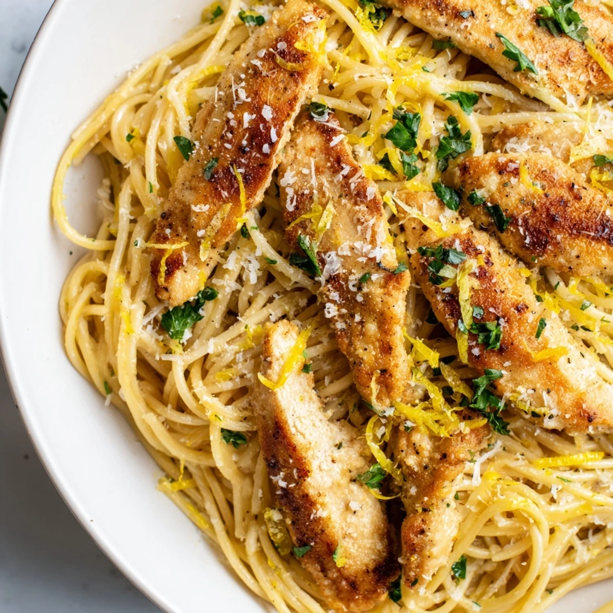 Golden-brown seared chicken strips and al dente spaghetti tossed in a glossy brown butter sauce with fresh lemon and parsley.