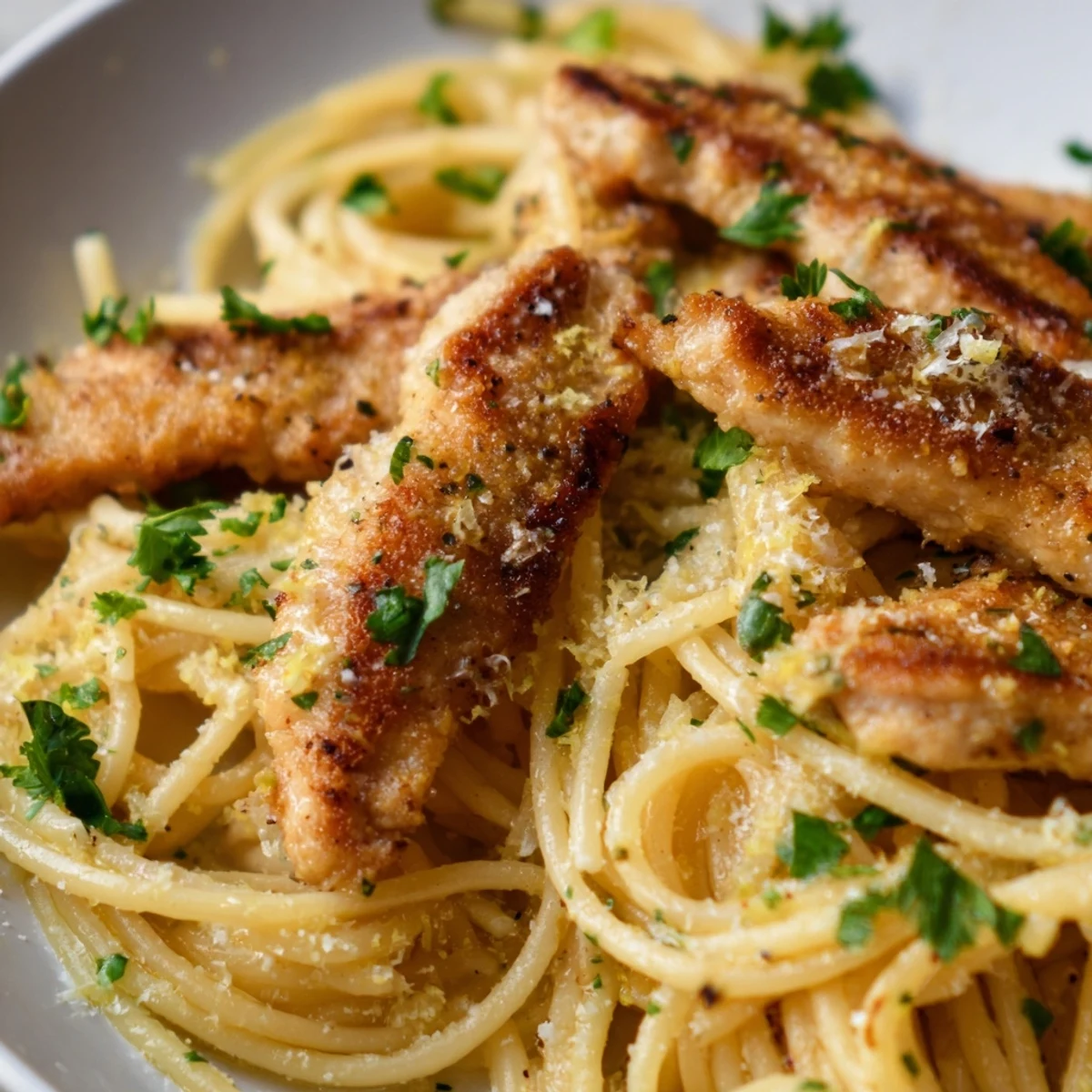Close-up of a warm skillet of Brown Butter Lemon Chicken Pasta, nutty brown butter glaze clinging to noodles, with fresh parsley.