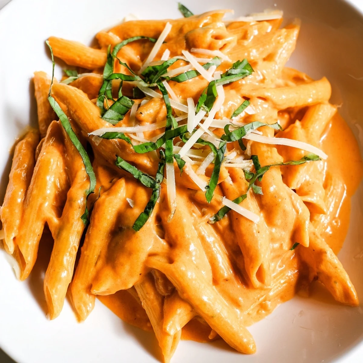 Creamy roasted red pepper pasta in a white bowl garnished with fresh basil leaves.  