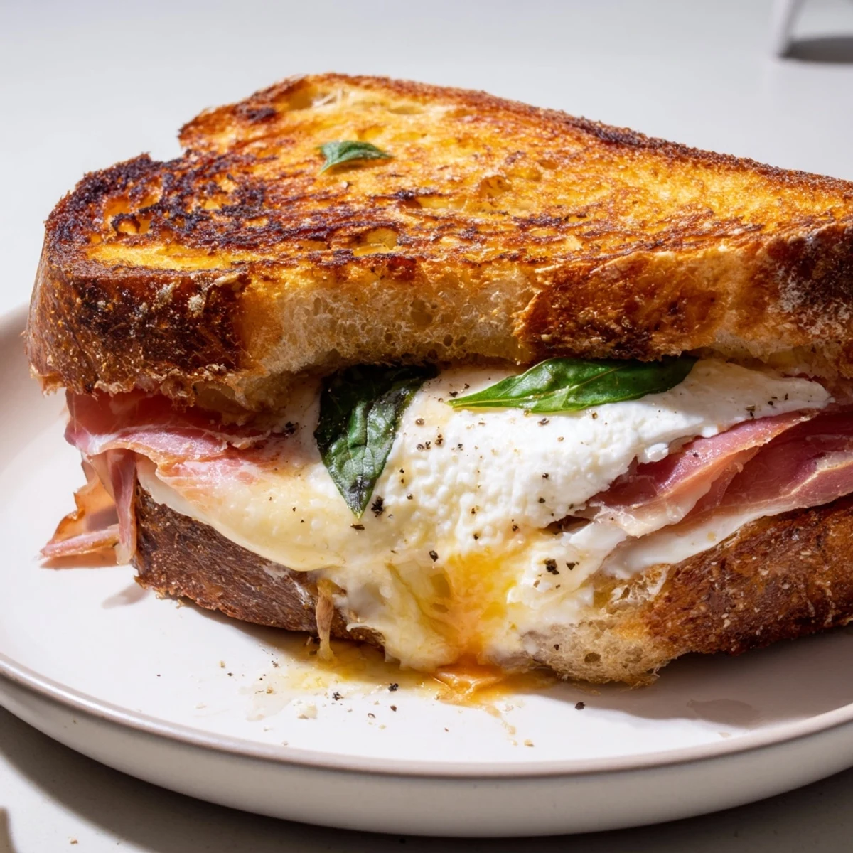 Golden toasted sourdough oozing with creamy burrata and crispy prosciutto slices.  