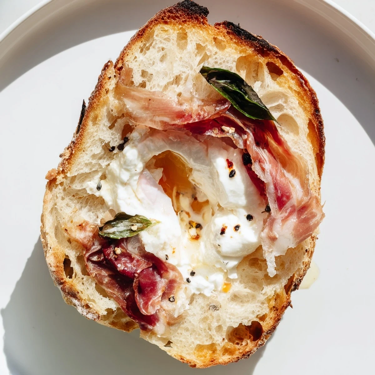 Crispy Prosciutto & Burrata Grilled Cheese sandwich on a plate with fresh basil garnish.  