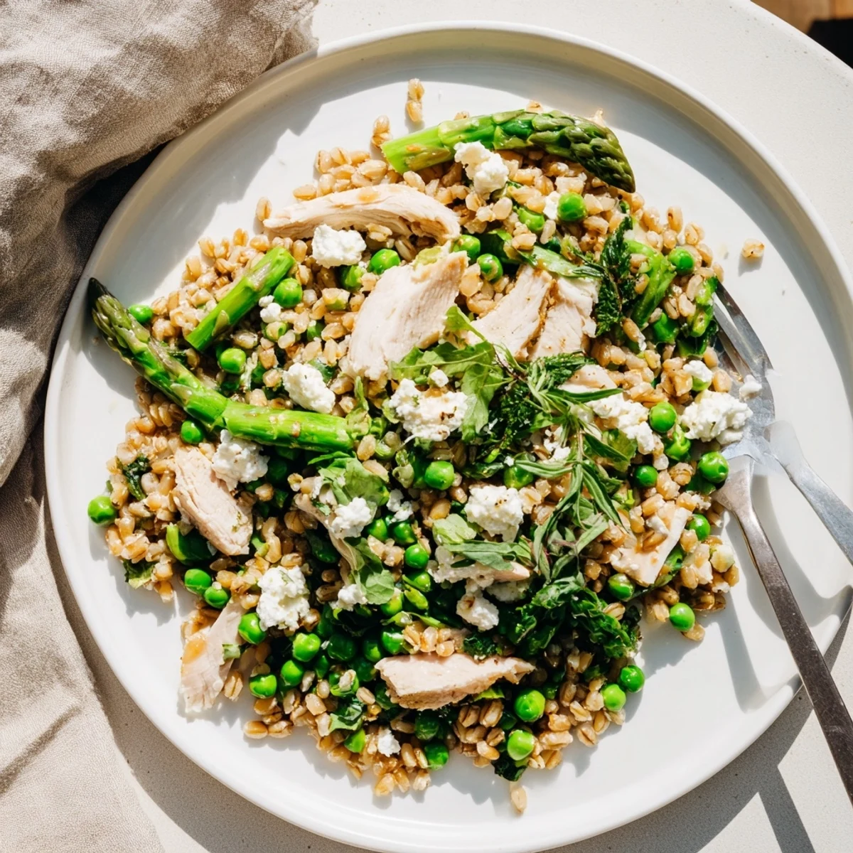 Warm Spring Farro Chicken Salad with tender grains, juicy chicken, crisp asparagus, peas, and arugula tossed in bright lemon vinaigrette.