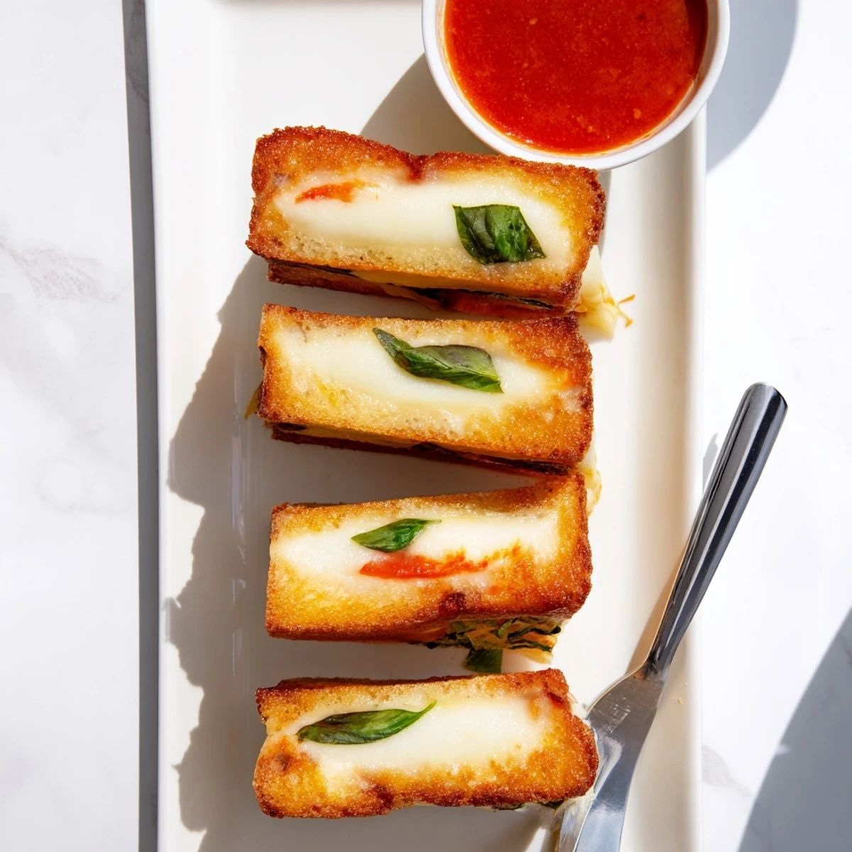 Golden-brown Caprese Grilled Cheese Dippers, filled with melted mozzarella, fresh tomato, and basil, served with warm marinara for dipping.