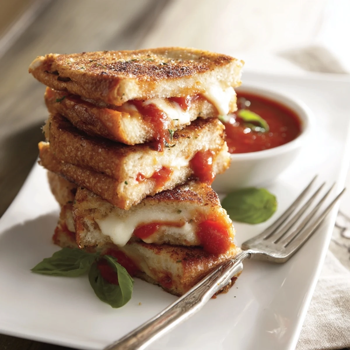 Homemade Caprese Grilled Cheese Dippers on a rustic board, with golden toasted bread, melted cheese, and a side of herby marinara for dipping.