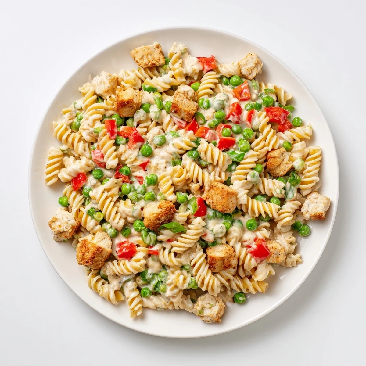Golden crispy chicken bites rest atop vibrant rotini pasta, sweet peas, and diced red bell pepper in a creamy ranch dressing.  