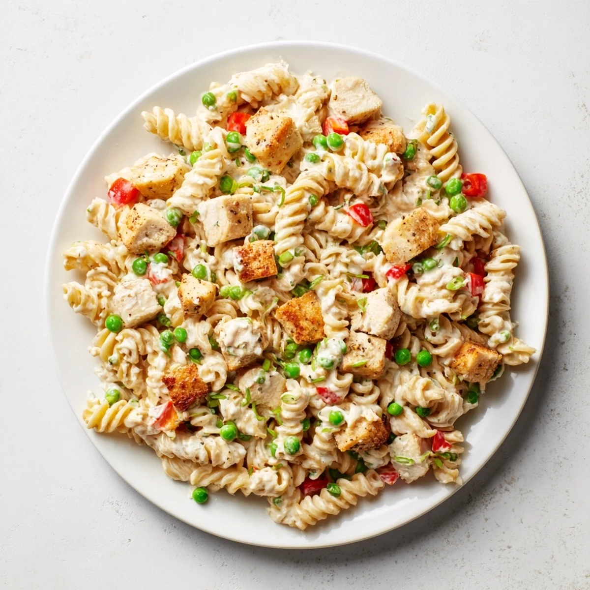 Close-up of Crispy Chicken Ranch Pasta Salad showing crunchy panko-coated chicken mixed with colorful vegetables and tender pasta.