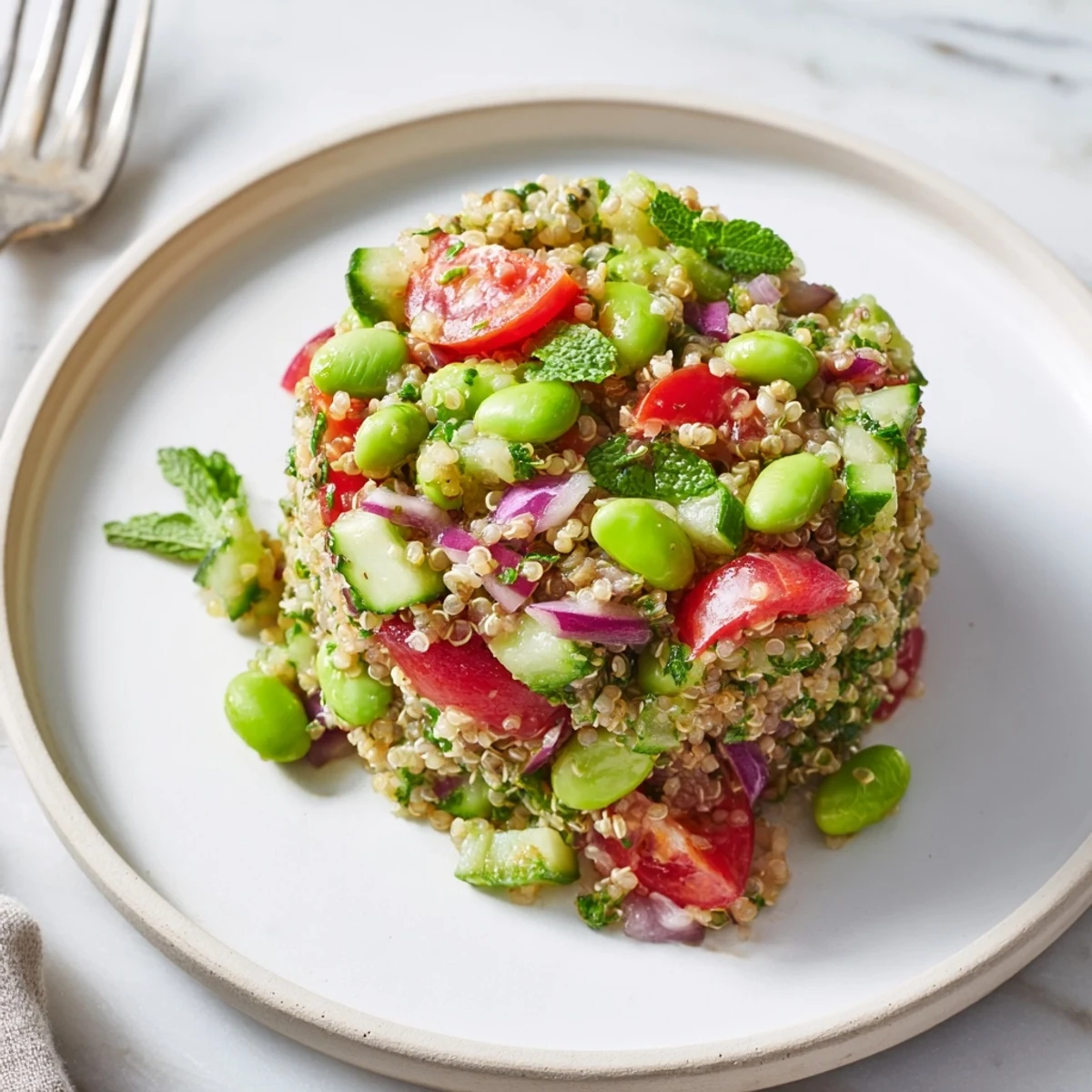Close-up of Edamame and Quinoa Salad with zesty lemon dressing, highlighting protein-rich ingredients and colorful vegetables for a refreshing side dish.