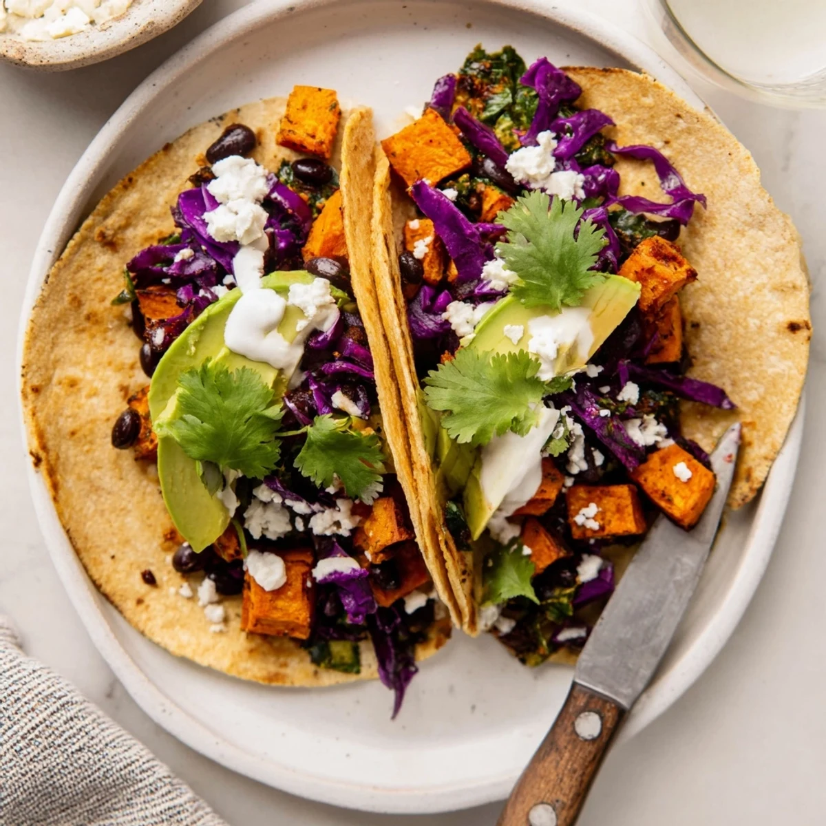 Vibrant black bean and sweet potato tacos garnished with avocado, cabbage, and a dollop of vegan sour cream.
