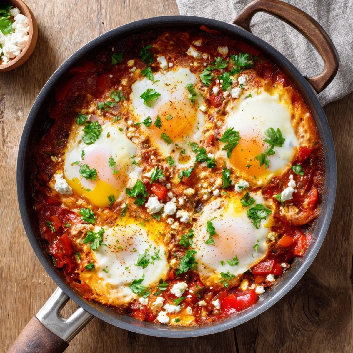 A close-up of Shakshuka in a skillet, showing poached eggs with runny yolks in vibrant red tomato and pepper sauce.