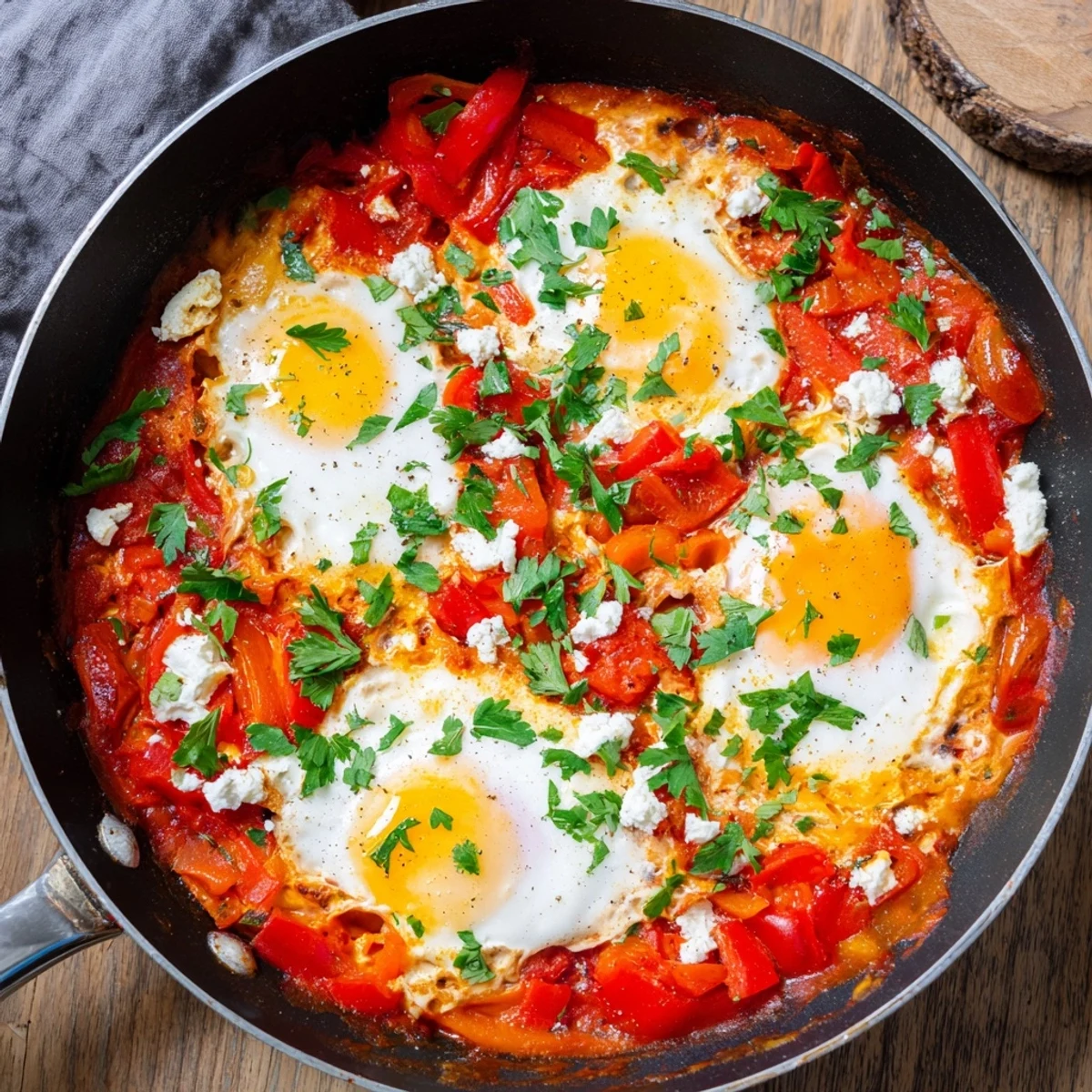 Sizzling Shakshuka in a cast-iron pan, garnished with fresh parsley and crumbled feta for a savory breakfast.