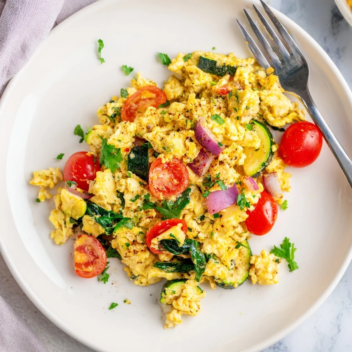 A close-up of a light and fluffy Egg and Vegetable Scramble, garnished with chives and served alongside buttered toast.