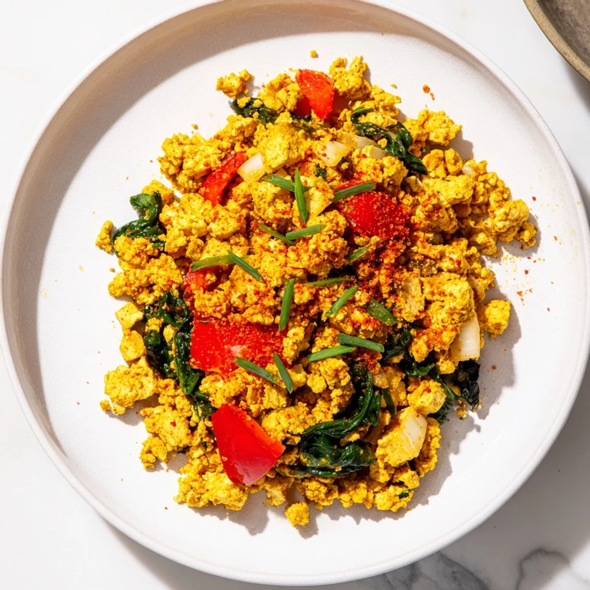 A vibrant bowl of Tofu Scramble with golden turmeric tofu, diced red bell peppers, spinach, and fresh tomatoes garnished with chives.